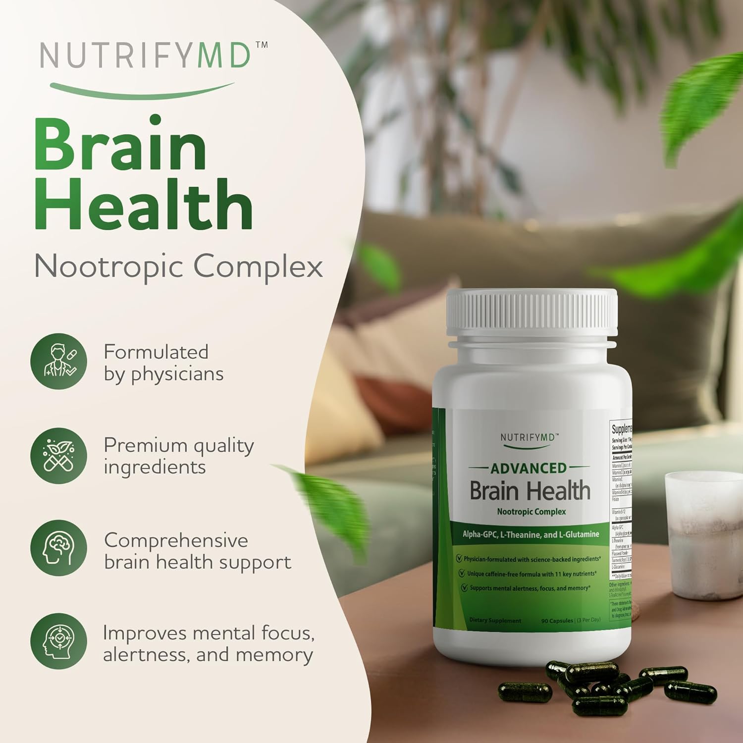 NutrifyMD Brain Health Supplement with Alpha GPC, L-Theanine, L-Glutamine - 90 Capsules for Memory and Focus