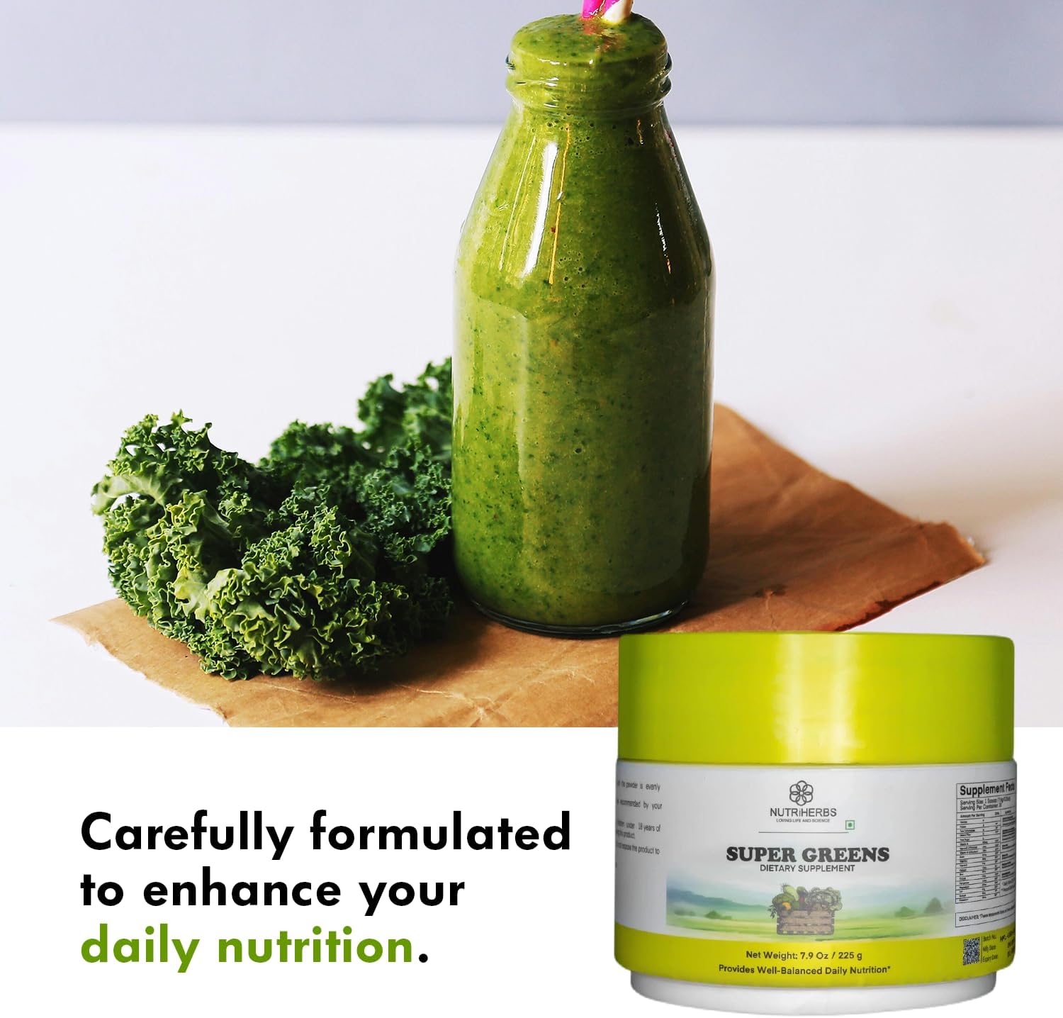 Nutriherbs Super Greens Powder - 225g | Powerful Green Superfood with Probiotics for Energy, Immunity & Digestion | 30 Servings