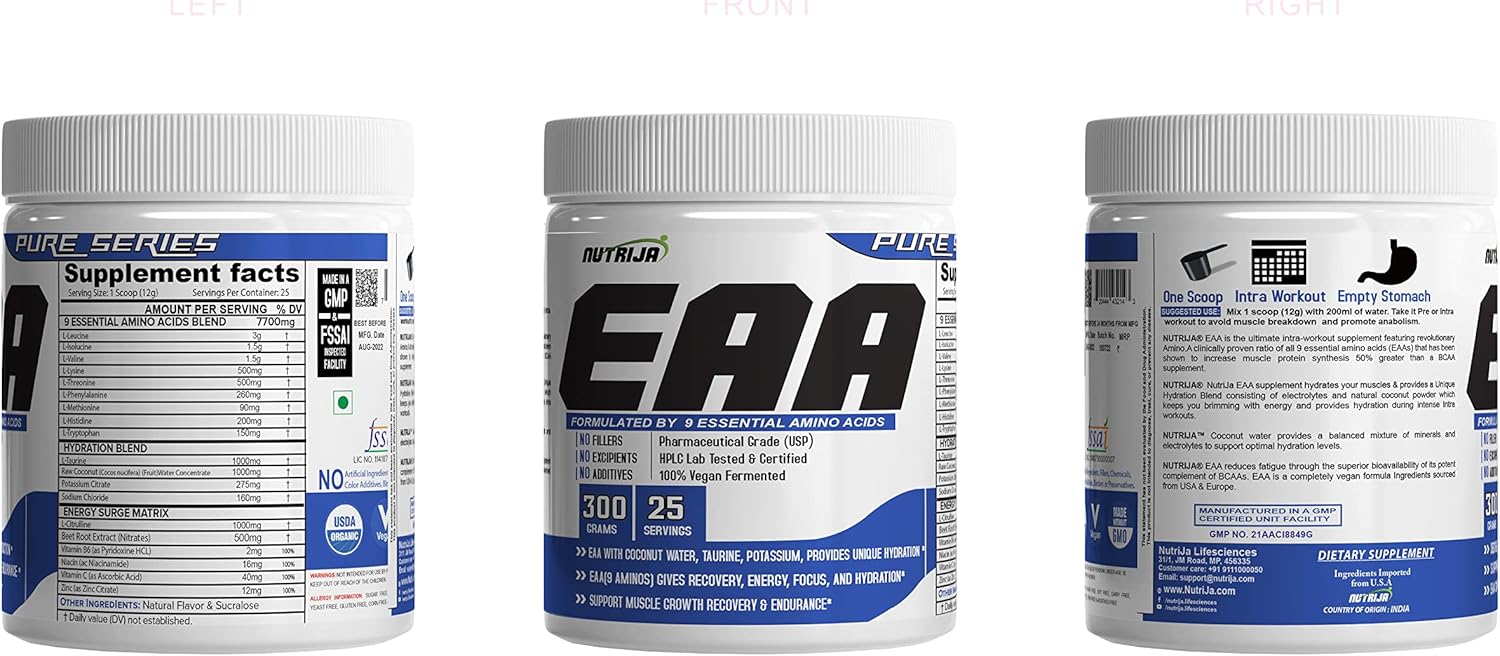 NutriJa EAA Supplement with Coconut Water & Lychee Flavor - 300g Hydration Blend & Energy Matrix with 9 Essential Amino Acids