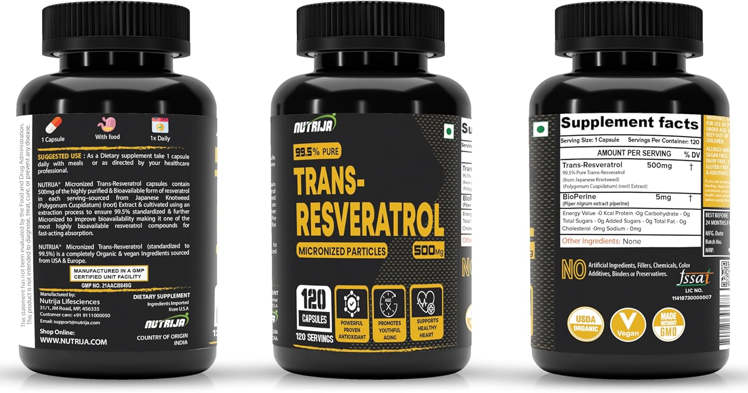 NutriJa Trans Resveratrol 500MG Capsules - High Bioavailability Antioxidant for Anti-Aging, Metabolism, Heart Health (120 Capsules)