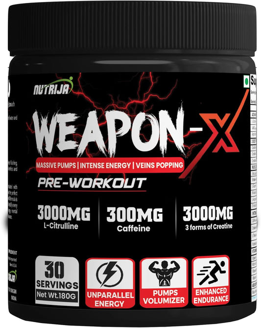 NutriJa Weapon-X Pre-Workout Powder - 21 Active Ingredients, 3 Creatine Forms, AAKG, Beta-Alanine, Caffeinated - Mango Flavor, 30 Servings