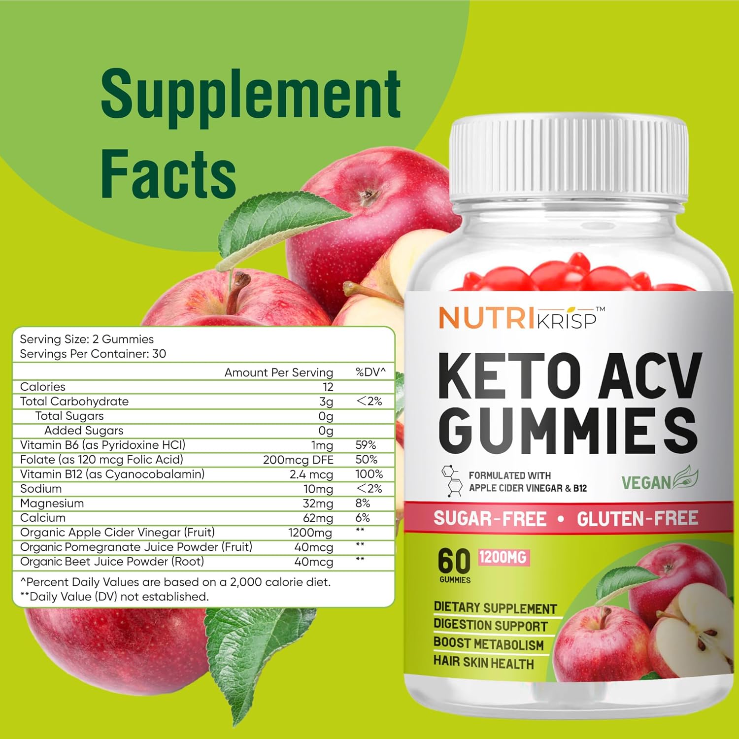 NutriKrisp Keto ACV Gummies - Advanced Weight Loss & Belly Fat Burn Supplement (1200MG) - Sugar-Free & Gluten-Free - For Men & Women