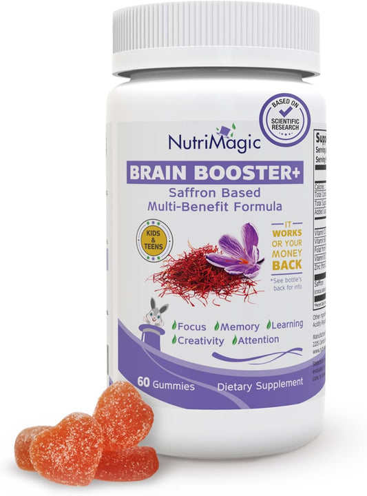 NutriMagic Kids Brain Booster Gummies with Saffron Extract Nootropic and Multivitamin for Focus, Memory, and Mood Support - 60 Count