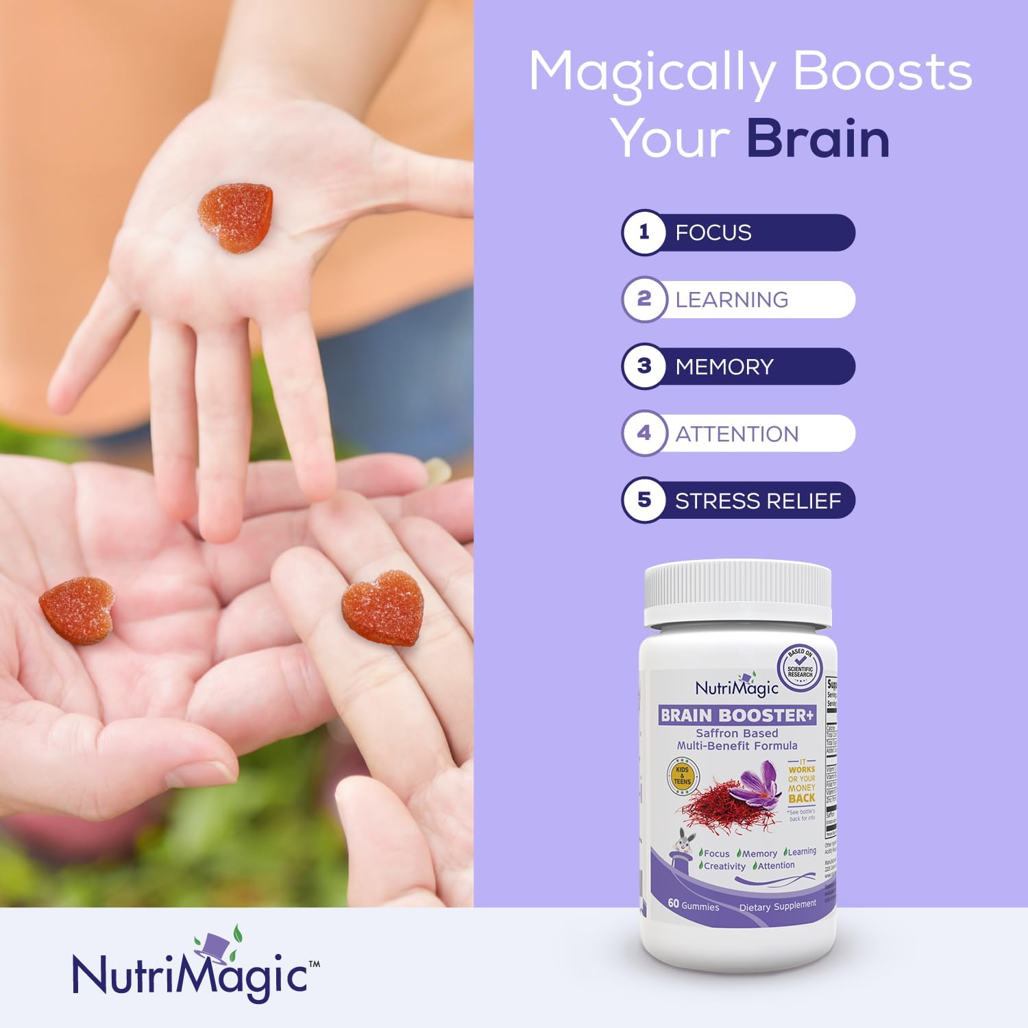 NutriMagic Kids Brain Booster Gummies with Saffron Extract Nootropic and Multivitamin for Focus, Memory, and Mood Support - 60 Count