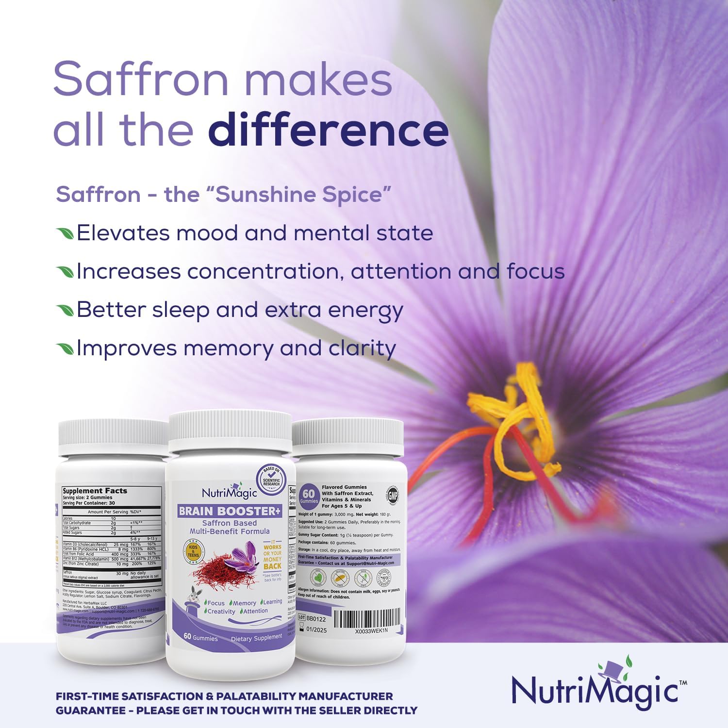 NutriMagic Kids Brain Booster Gummies with Saffron Extract Nootropic and Multivitamin for Focus, Memory, and Mood Support - 60 Count