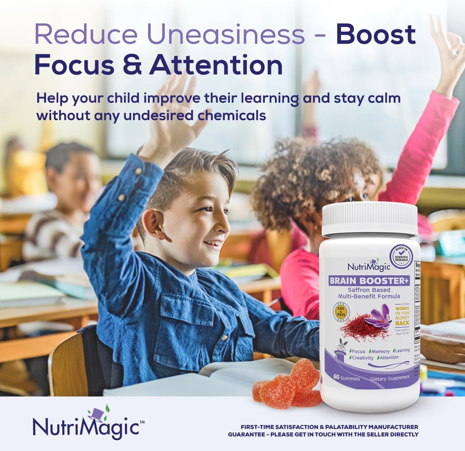 NutriMagic Kids Brain Booster Gummies with Saffron Extract Nootropic and Multivitamin for Focus, Memory, and Mood Support - 60 Count