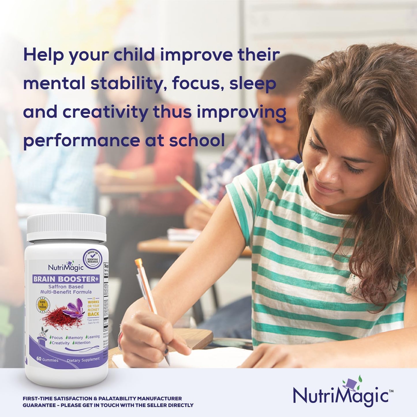 NutriMagic Kids Brain Booster Gummies with Saffron Extract Nootropic and Multivitamin for Focus, Memory, and Mood Support - 60 Count