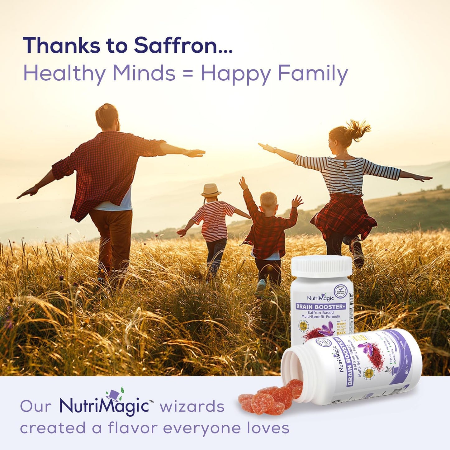 NutriMagic Kids Brain Booster Gummies with Saffron Extract Nootropic and Multivitamin for Focus, Memory, and Mood Support - 60 Count
