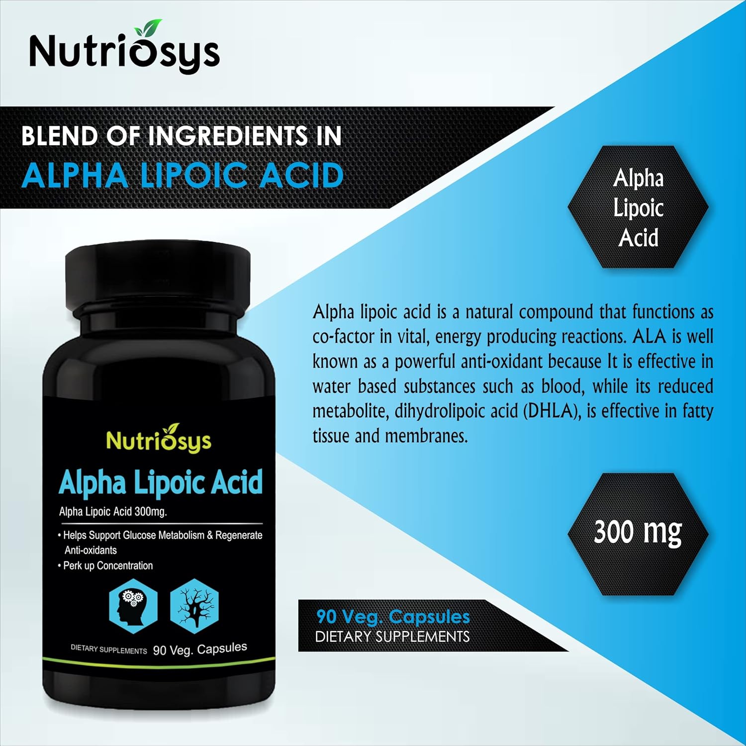 Nutriosys Alpha Lipoic Acid Supplement - 300mg - 90 Vegetarian Capsules - Single Pack