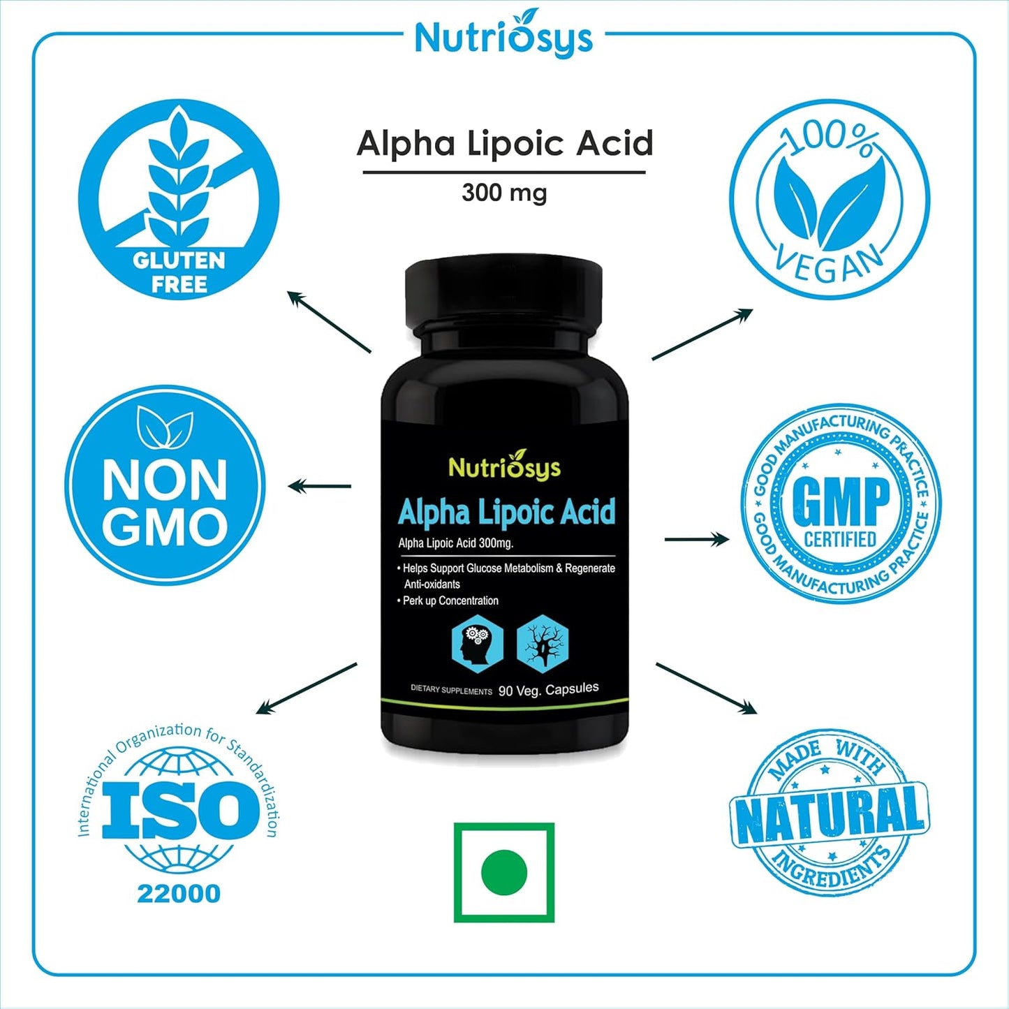 Nutriosys Alpha Lipoic Acid Supplement - 300mg - 90 Vegetarian Capsules - Single Pack