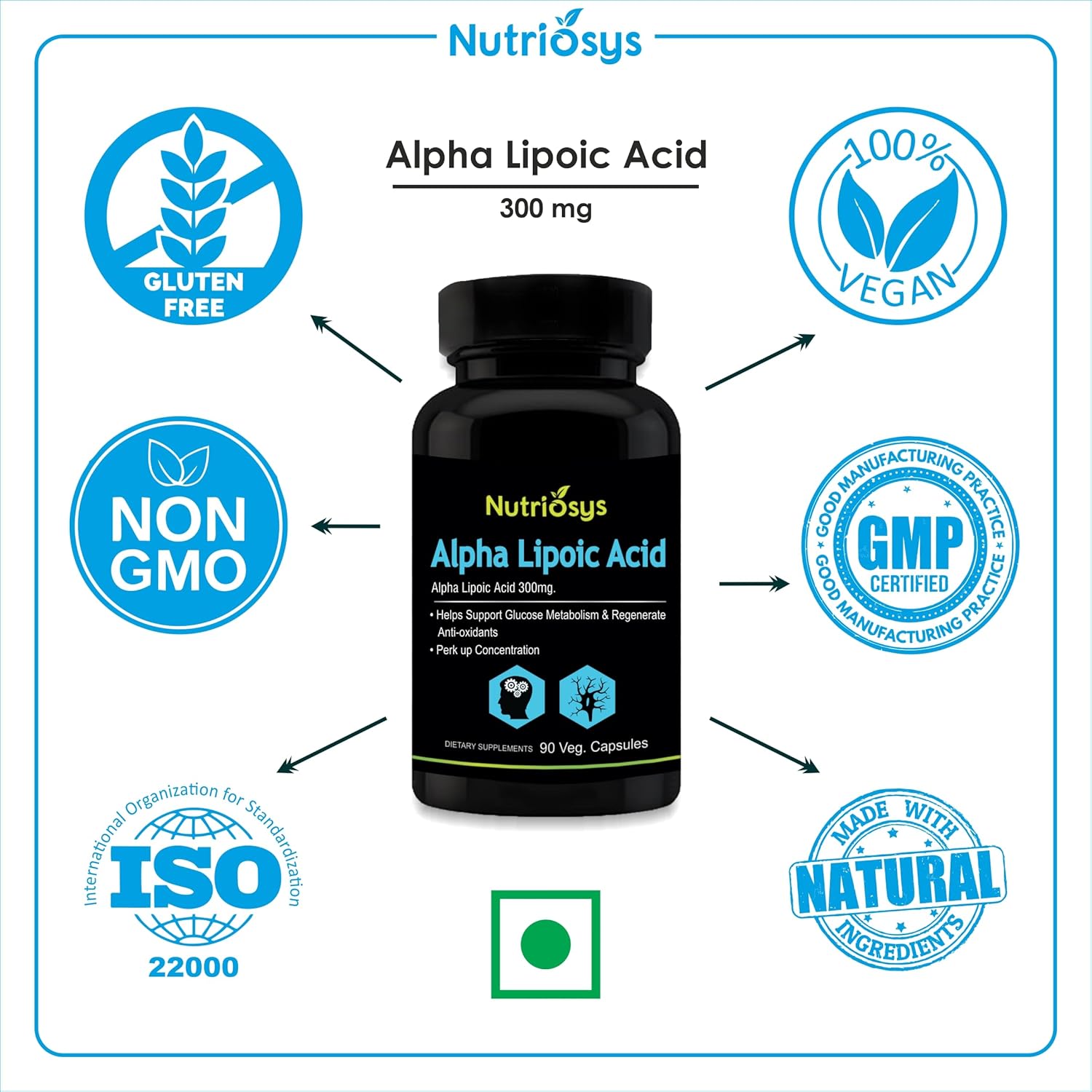 Nutriosys Alpha Lipoic Acid Supplement - 300mg - 90 Vegetarian Capsules - Single Pack