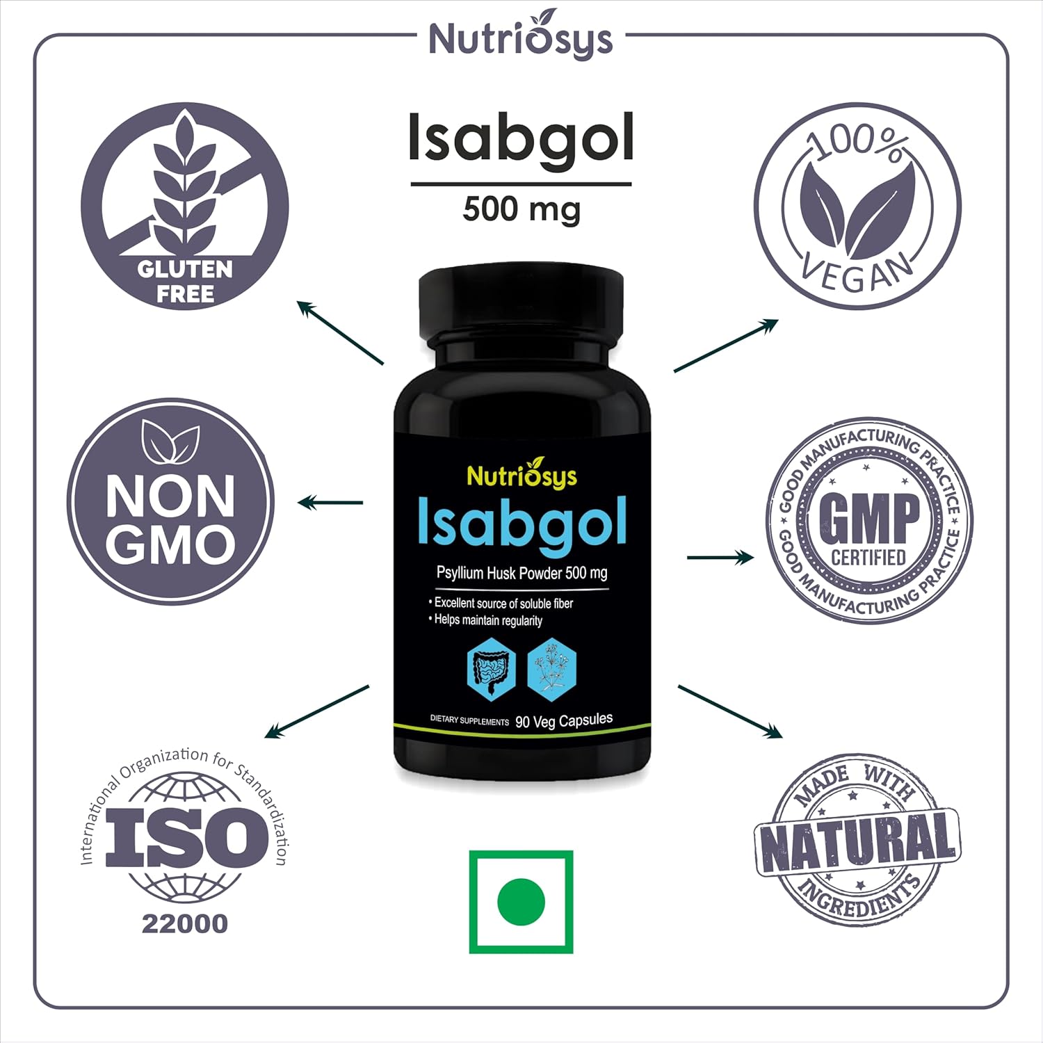 Nutriosys Isabgol Psyllium Husk 500mg Supplement - 90 Veg Capsules, High-Quality Soluble Fiber Source