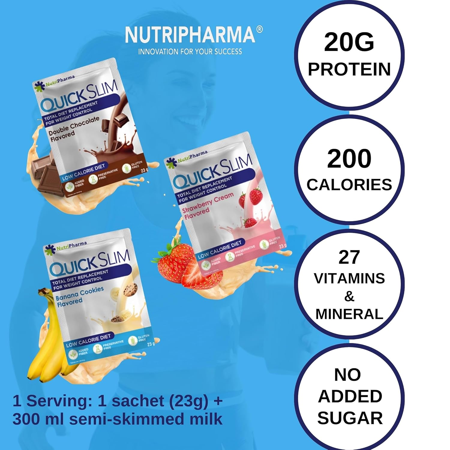 NUTRIPHARMA Quick Slim Meal Replacement Shake - 30 Servings, 20g Protein, 27 Vitamins & Minerals - Weight Loss Shake with Dietary Fiber, Low Carb, Gluten Free