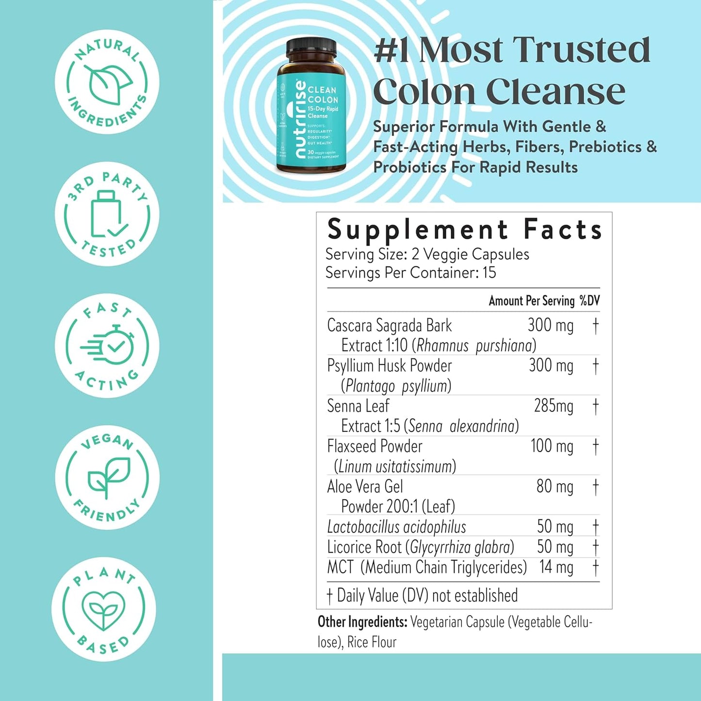 NutriRise Quick Colon Cleanse - 15 Day Gut Health Support with Probiotics & Fiber - Constipation Relief, Regularity, Bloating - Sugar & Gluten Free