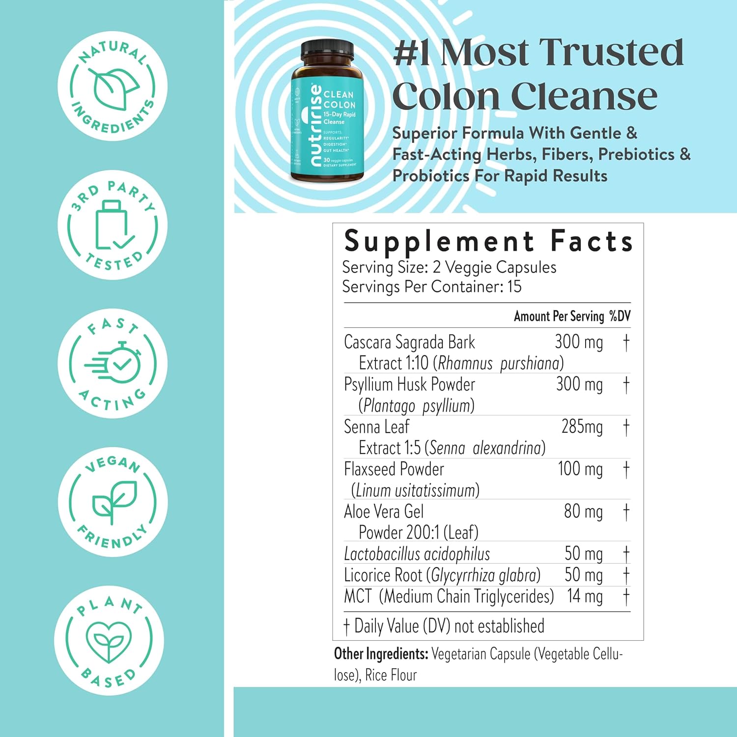 NutriRise Quick Colon Cleanse - 15 Day Gut Health Support with Probiotics & Fiber - Constipation Relief, Regularity, Bloating - Sugar & Gluten Free