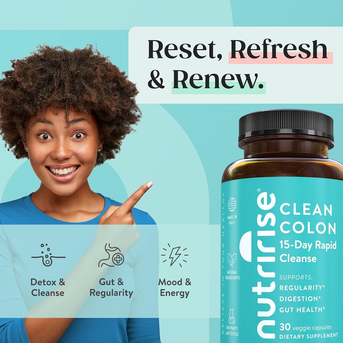 NutriRise Quick Colon Cleanse - 15 Day Gut Health Support with Probiotics & Fiber - Constipation Relief, Regularity, Bloating - Sugar & Gluten Free