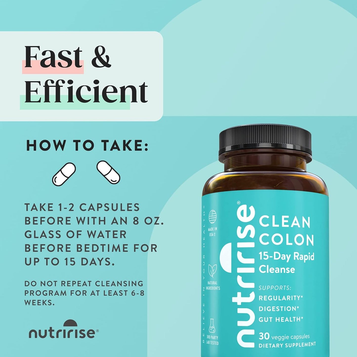 NutriRise Quick Colon Cleanse - 15 Day Gut Health Support with Probiotics & Fiber - Constipation Relief, Regularity, Bloating - Sugar & Gluten Free