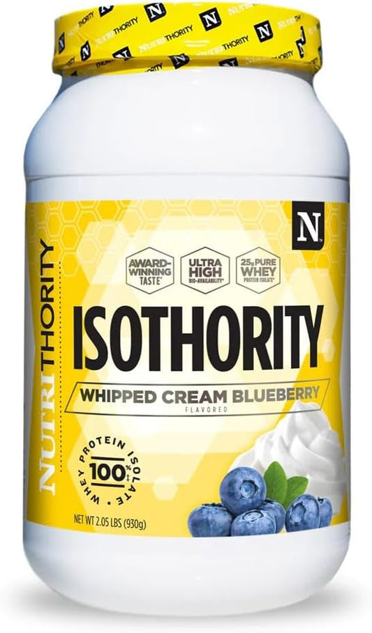 Nutrithority Isothority Whey Protein Isolate, Whipped Cream Blueberry, 2 lb - High Absorption BCAA Powder, 25g Protein, Low Carb - Muscle Building & Recovery Accelerator