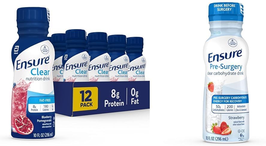 Nutrition Drink Bundle: Ensure Clear Liquid Protein Drink, Blueberry Pomegranate, 0g Fat, 8g Protein + Strawberry Pre-Surgery Carbohydrate Drink, 10 Fl Oz (Pack of 4)