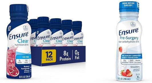 Nutrition Drink Bundle: Ensure Clear Liquid Protein Drink, Blueberry Pomegranate, 0g Fat, 8g Protein + Strawberry Pre-Surgery Carbohydrate Drink, 10 Fl Oz (Pack of 4)
