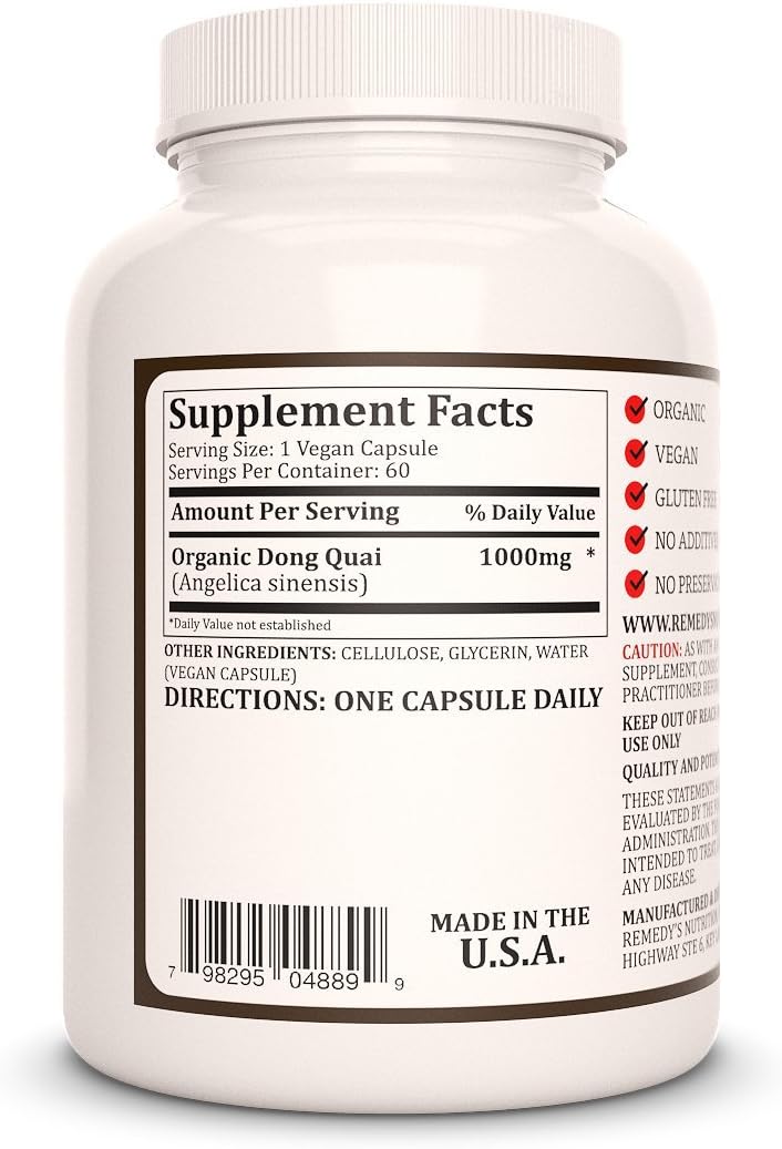 Nutrition Remedy Dong Quai Capsules - 1,000mg | 60 Vegan Herbal Supplements | Two Month Supply | Non-GMO, Gluten-Free, Dairy-Free