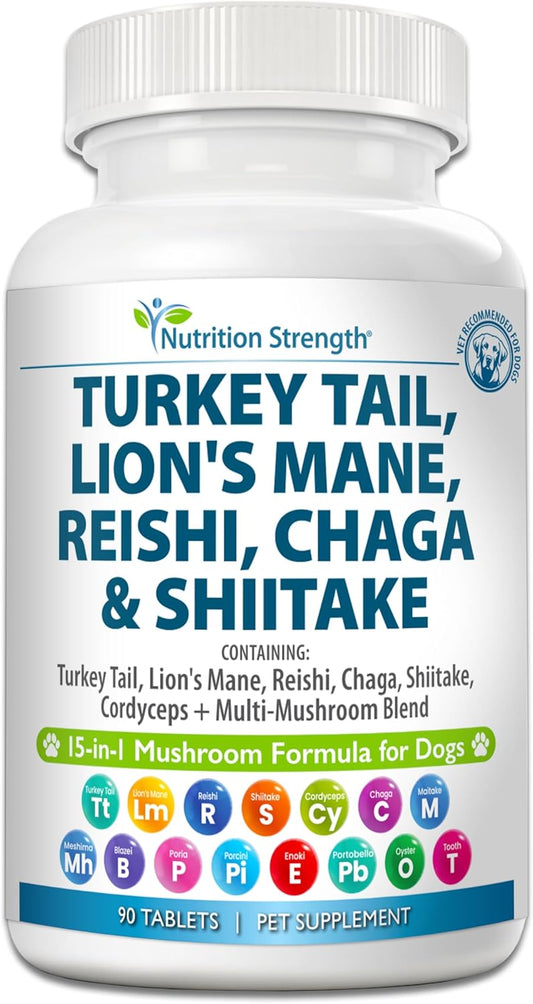 Nutrition Strength 15-in-1 Mushroom Supplements for Dogs - Turkey Tail, Lion's Mane, Reishi, Shiitake, Cordyceps, Chaga, Maitake, and More - 90 Tablets