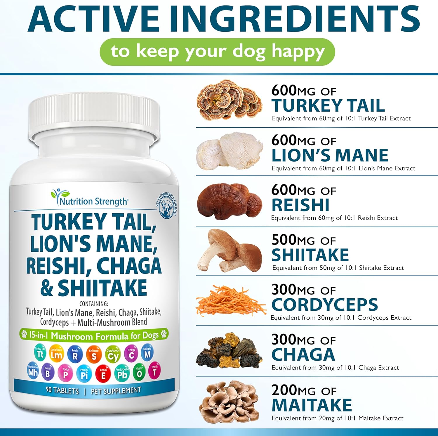 Nutrition Strength 15-in-1 Mushroom Supplements for Dogs - Turkey Tail, Lion's Mane, Reishi, Shiitake, Cordyceps, Chaga, Maitake, and More - 90 Tablets