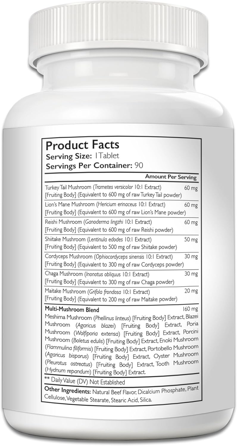 Nutrition Strength 15-in-1 Mushroom Supplements for Dogs - Turkey Tail, Lion's Mane, Reishi, Shiitake, Cordyceps, Chaga, Maitake, and More - 90 Tablets