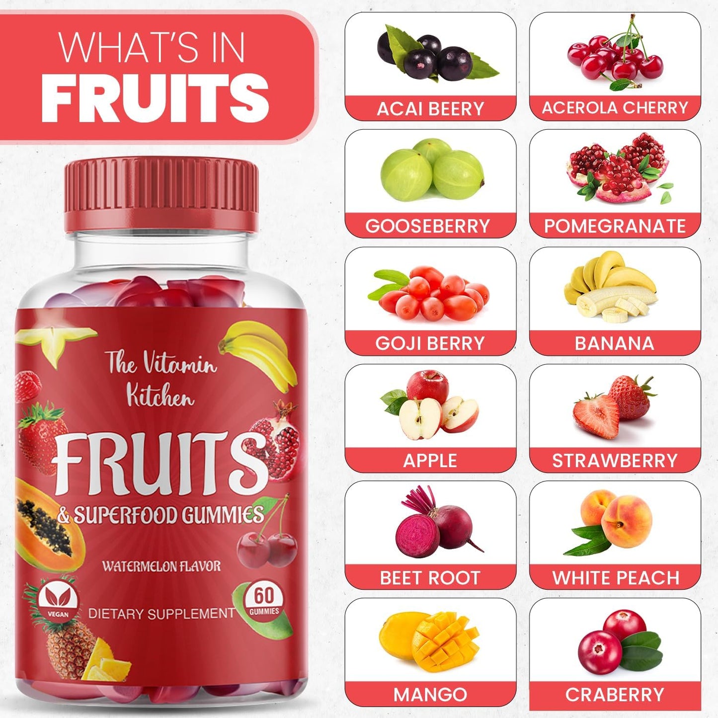 Nutritious Fruit and Veggies Gummies Supplement for Adults - Made in USA - Non-GMO - Gluten-Free - 120 Count - The Vitamin Kitchen