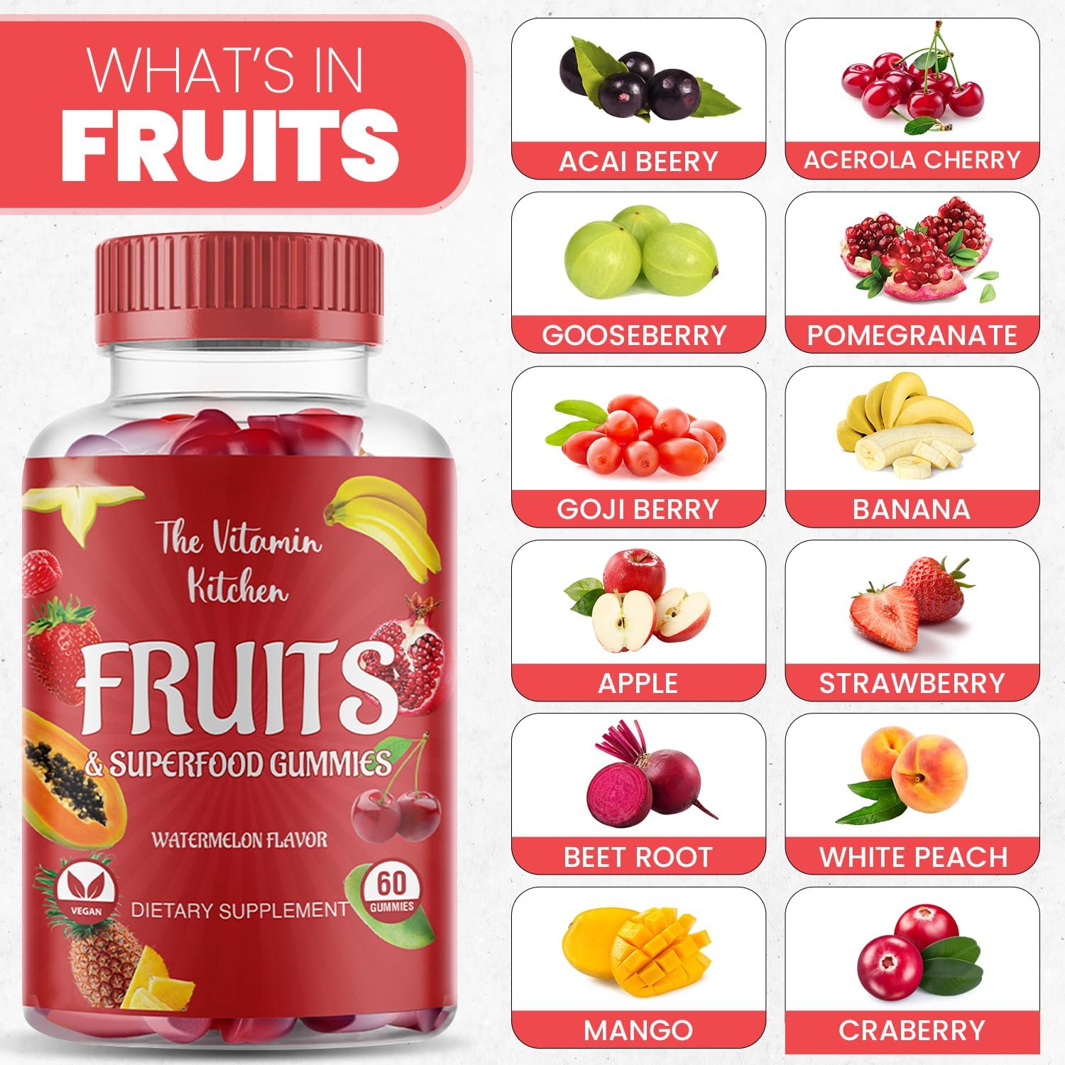 Nutritious Fruit and Veggies Gummies Supplement for Adults - Made in USA - Non-GMO - Gluten-Free - 120 Count - The Vitamin Kitchen