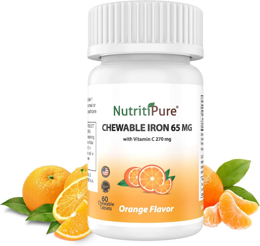NutritiPure Chewable Iron 65 mg with Vitamin C 270 mg - Orange Flavor Tablets 60 Count
