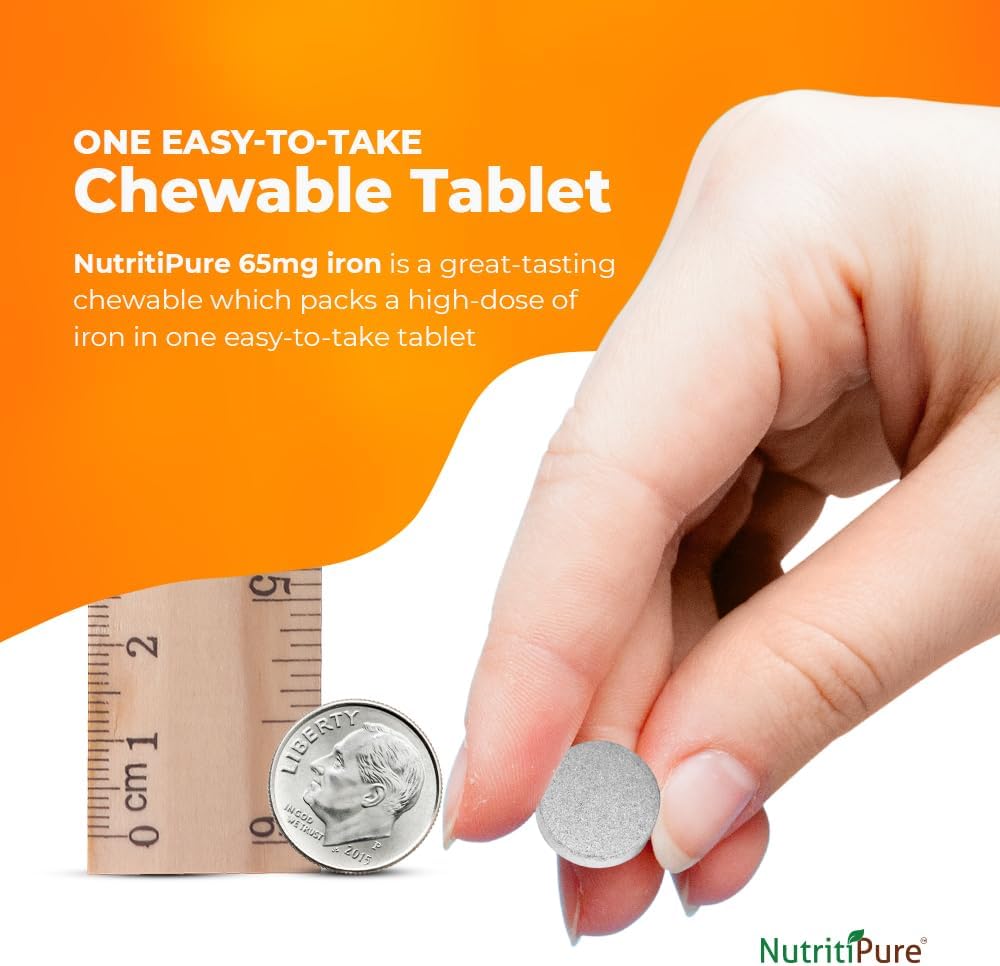 NutritiPure Chewable Iron 65 mg with Vitamin C 270 mg - Orange Flavor Tablets 60 Count