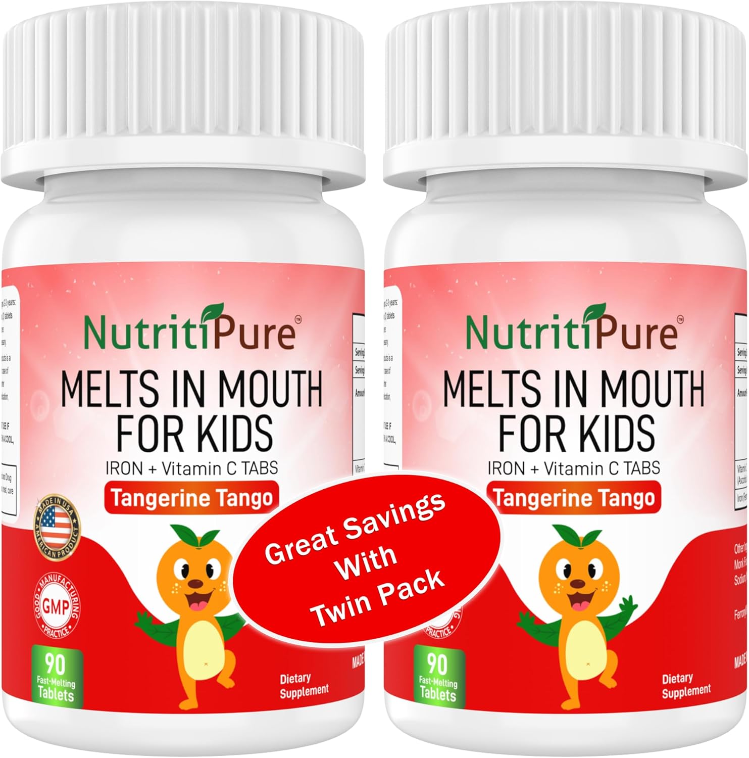 NutritiPure Chewable Iron Supplements for Kids - Ferronyl/Carbonyl Iron with Vitamin C - Tangerine Tango Flavor - 90 Count (2 Bottles)