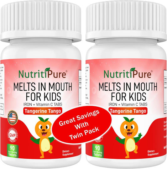NutritiPure Chewable Iron Supplements for Kids - Ferronyl/Carbonyl Iron with Vitamin C - Tangerine Tango Flavor - 90 Count (2 Bottles)