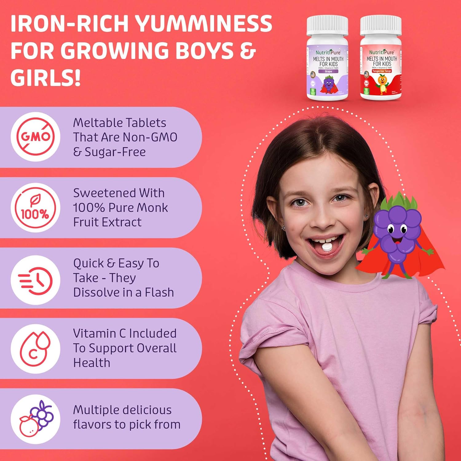 NutritiPure Chewable Iron Supplements for Kids - Ferronyl/Carbonyl Iron with Vitamin C - Tangerine Tango Flavor - 90 Count (2 Bottles)