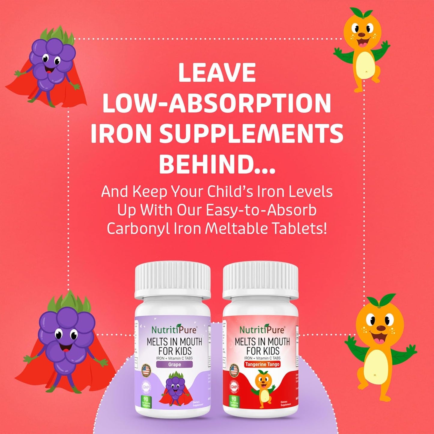 NutritiPure Chewable Iron Supplements for Kids - Ferronyl/Carbonyl Iron with Vitamin C - Tangerine Tango Flavor - 90 Count (2 Bottles)