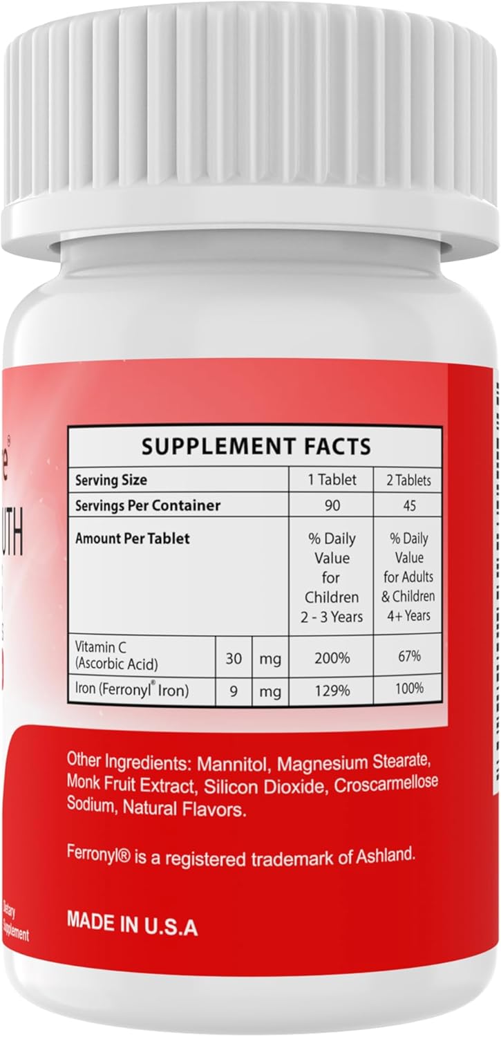 NutritiPure Chewable Iron Supplements for Kids - Ferronyl/Carbonyl Iron with Vitamin C - Tangerine Tango Flavor - 90 Count (2 Bottles)