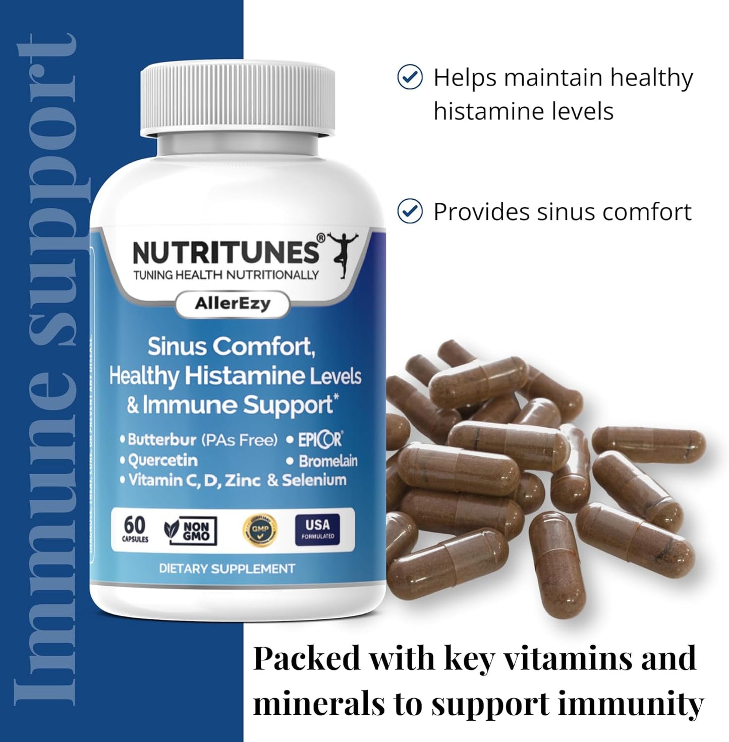 Nutritunes AllerEzy Capsules - Promotes Healthy Histamine Levels, Sinus Comfort, and Immune Health with Natural Ingredients - 60 Count