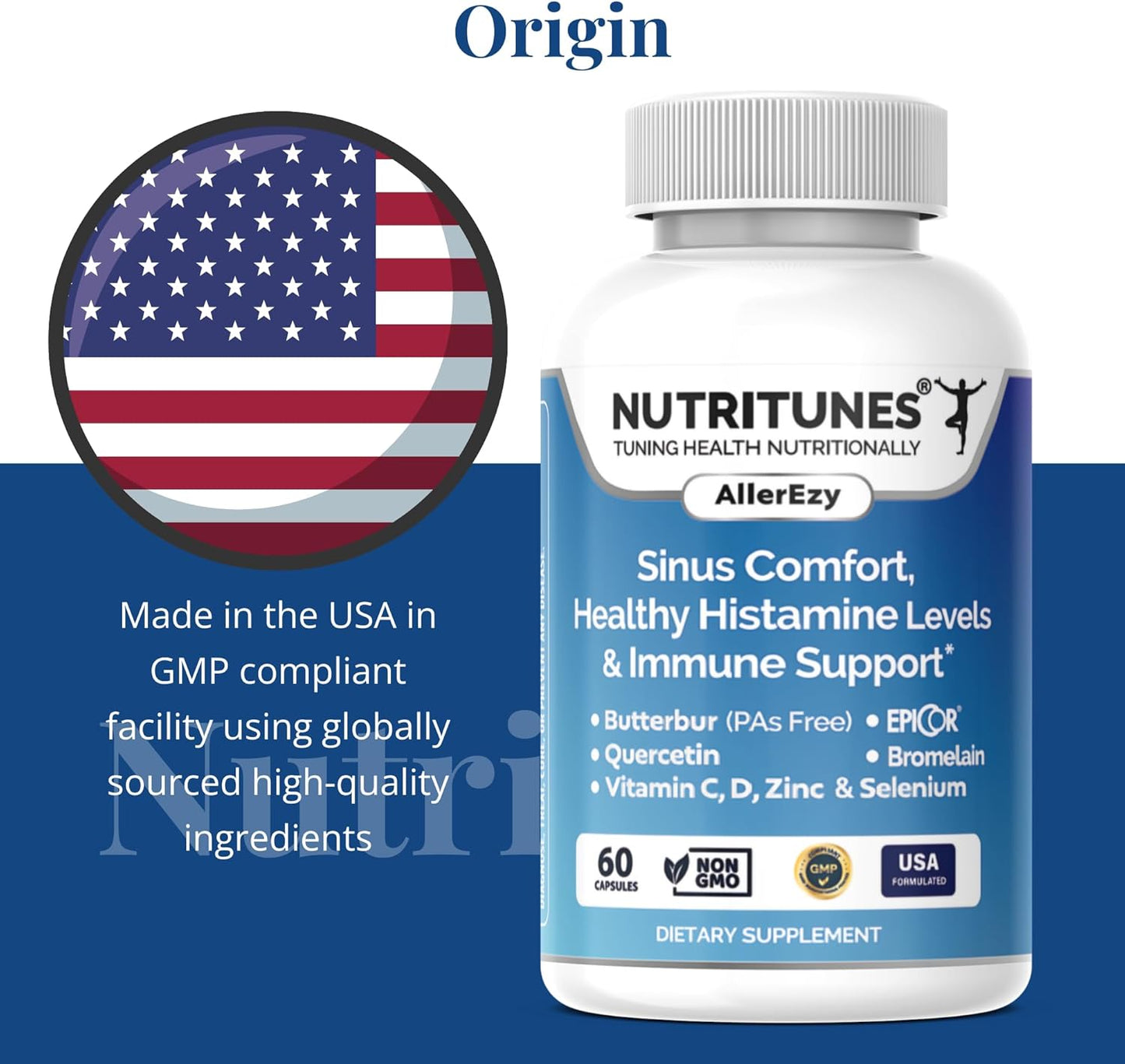 Nutritunes AllerEzy Capsules - Promotes Healthy Histamine Levels, Sinus Comfort, and Immune Health with Natural Ingredients - 60 Count