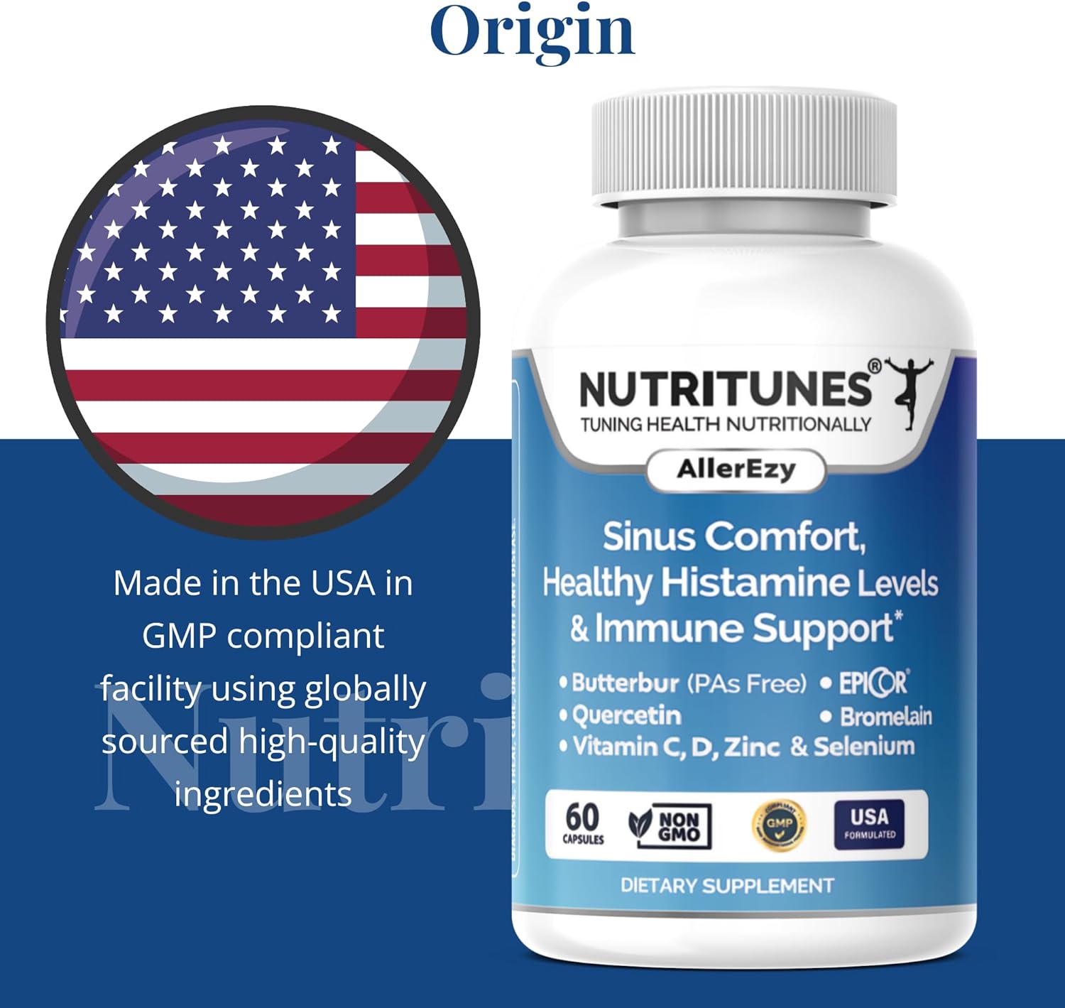 Nutritunes AllerEzy Capsules - Promotes Healthy Histamine Levels, Sinus Comfort, and Immune Health with Natural Ingredients - 60 Count