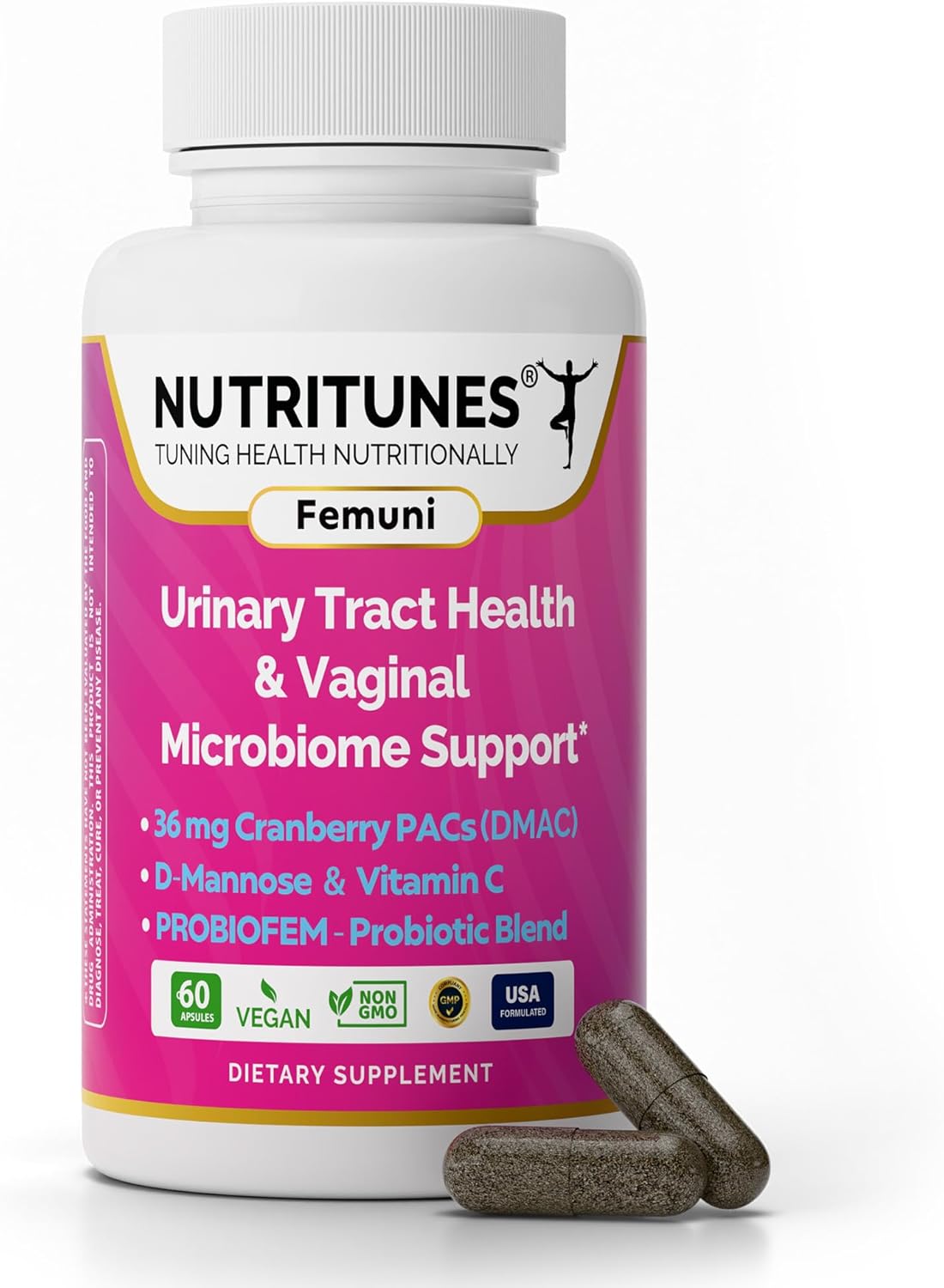 Nutritunes Femuni UTH: Urinary Tract Health Supplement with Cranberry PACs, Probiotics, D-Mannose, Vitamin C - Vegan, Non-GMO - 60 Capsules