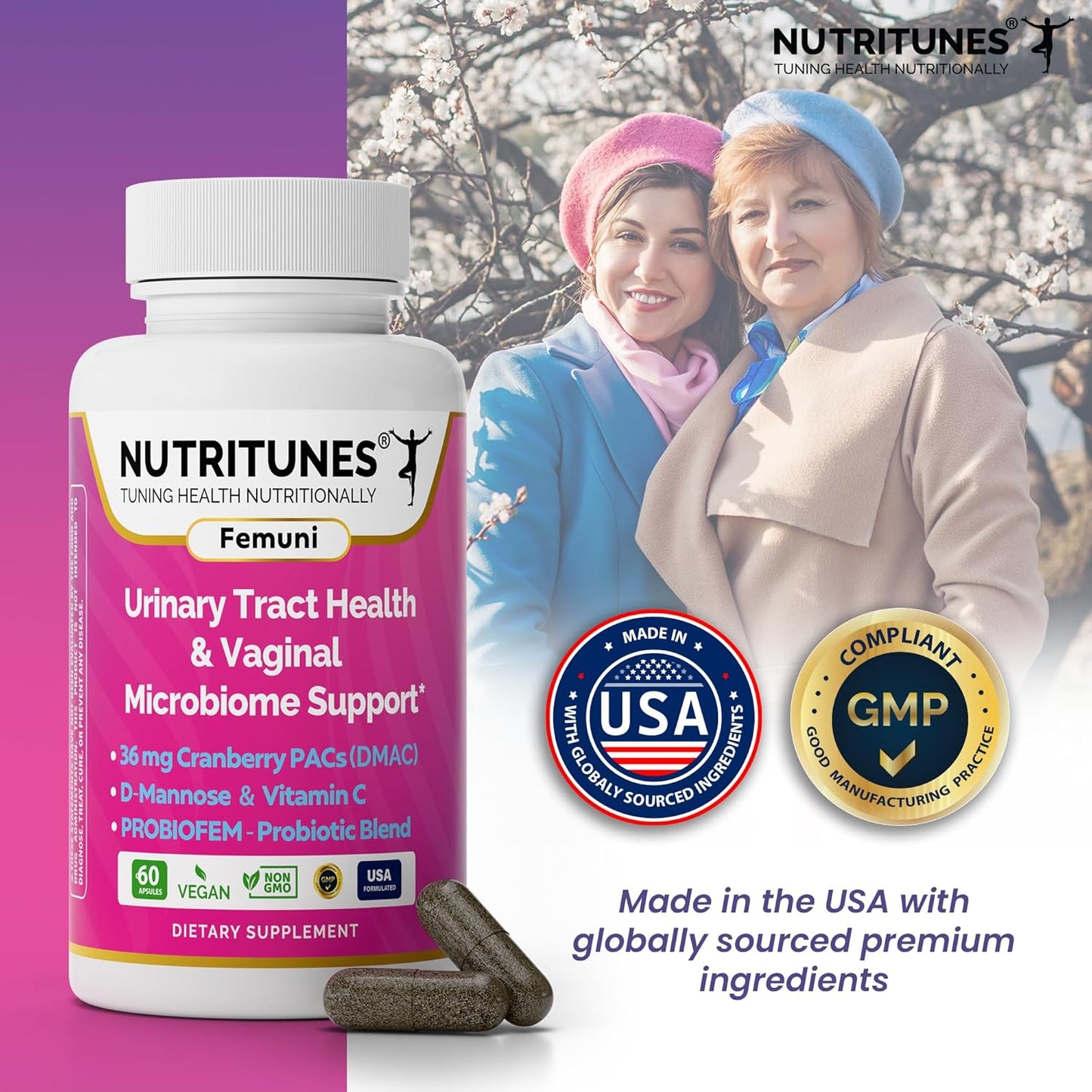 Nutritunes Femuni UTH: Urinary Tract Health Supplement with Cranberry PACs, Probiotics, D-Mannose, Vitamin C - Vegan, Non-GMO - 60 Capsules