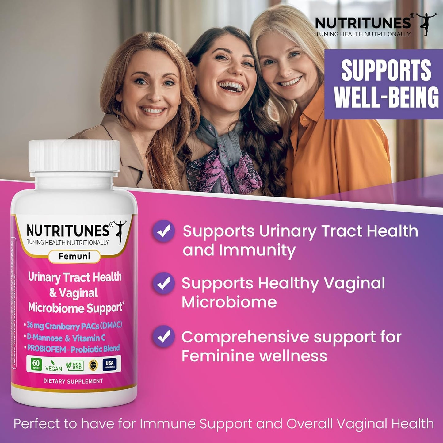 Nutritunes Femuni UTH: Urinary Tract Health Supplement with Cranberry PACs, Probiotics, D-Mannose, Vitamin C - Vegan, Non-GMO - 60 Capsules