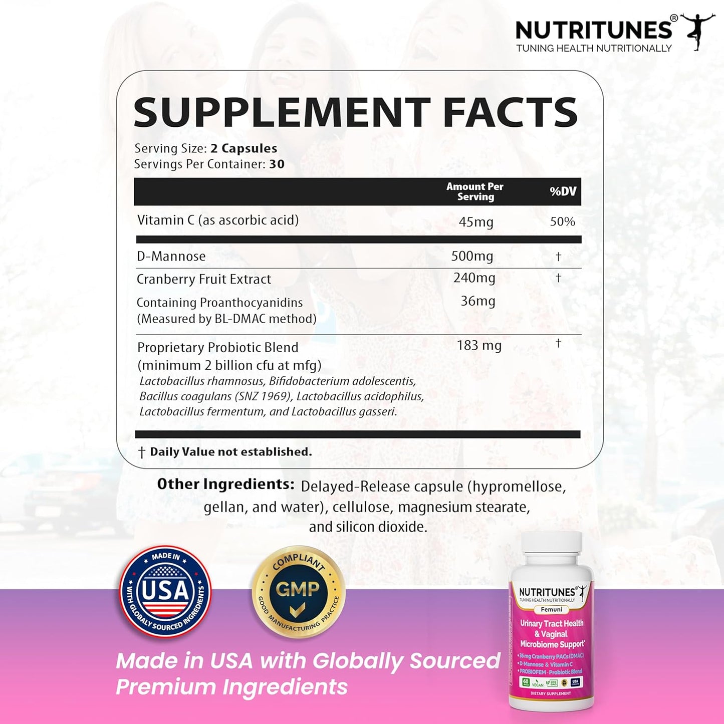 Nutritunes Femuni UTH: Urinary Tract Health Supplement with Cranberry PACs, Probiotics, D-Mannose, Vitamin C - Vegan, Non-GMO - 60 Capsules