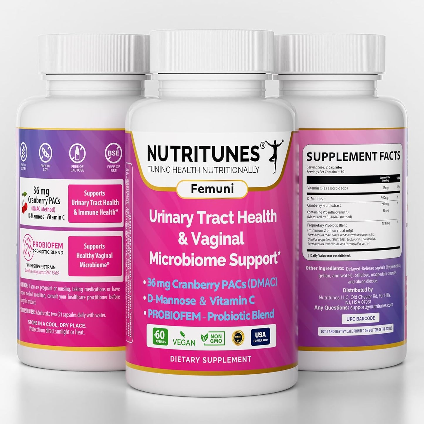 Nutritunes Femuni UTH: Urinary Tract Health Supplement with Cranberry PACs, Probiotics, D-Mannose, Vitamin C - Vegan, Non-GMO - 60 Capsules
