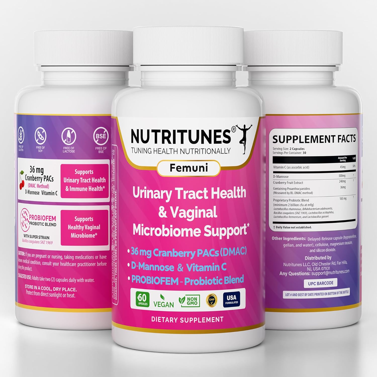 Nutritunes Femuni UTH: Urinary Tract Health Supplement with Cranberry PACs, Probiotics, D-Mannose, Vitamin C - Vegan, Non-GMO - 60 Capsules