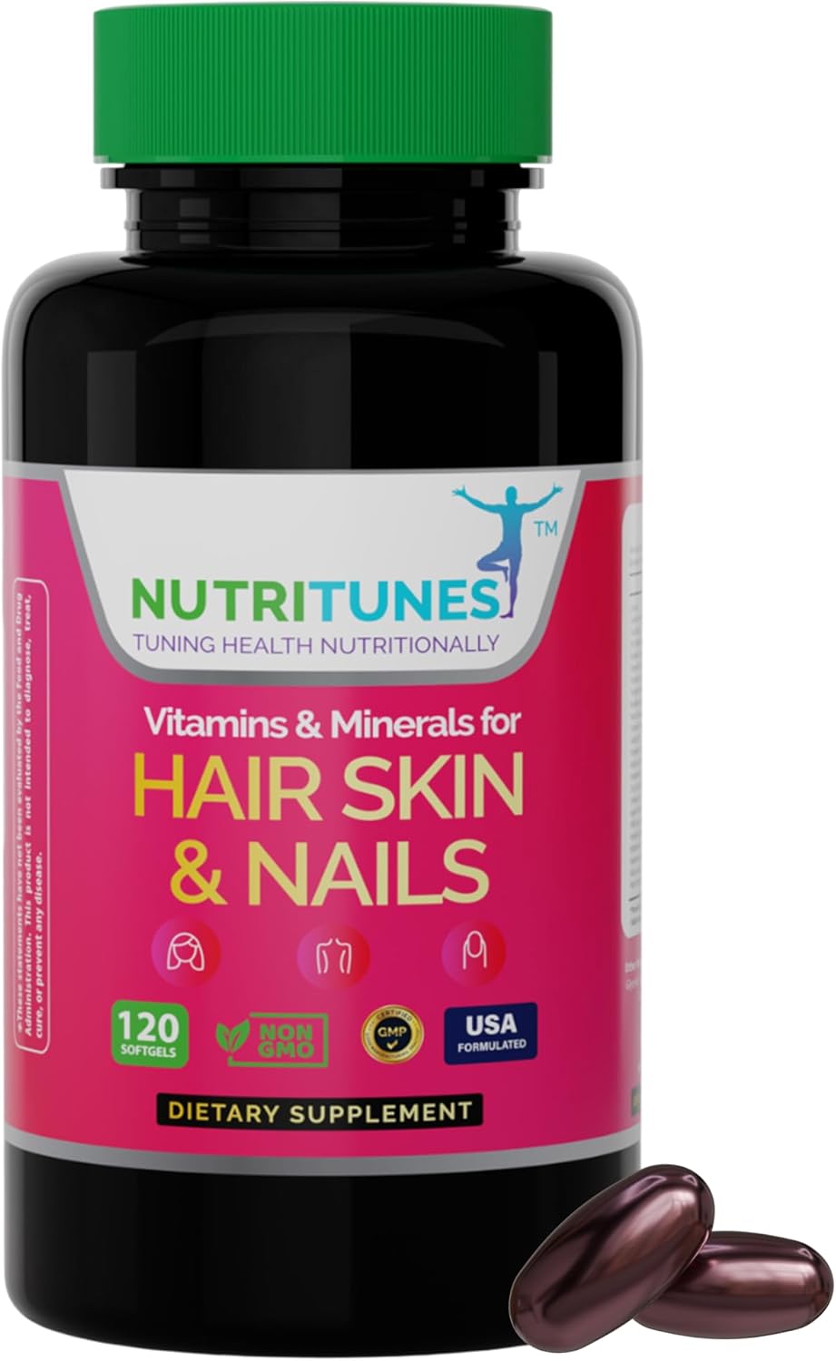 Nutritunes Hair, Skin, & Nails Multivitamins with Biotin, Folate, Vitamin C, D3, E B-6 & B-12 - Supports Nail, Skin, & Hair Health - Non-GMO, GMP-Certified (120 Softgel Capsules)
