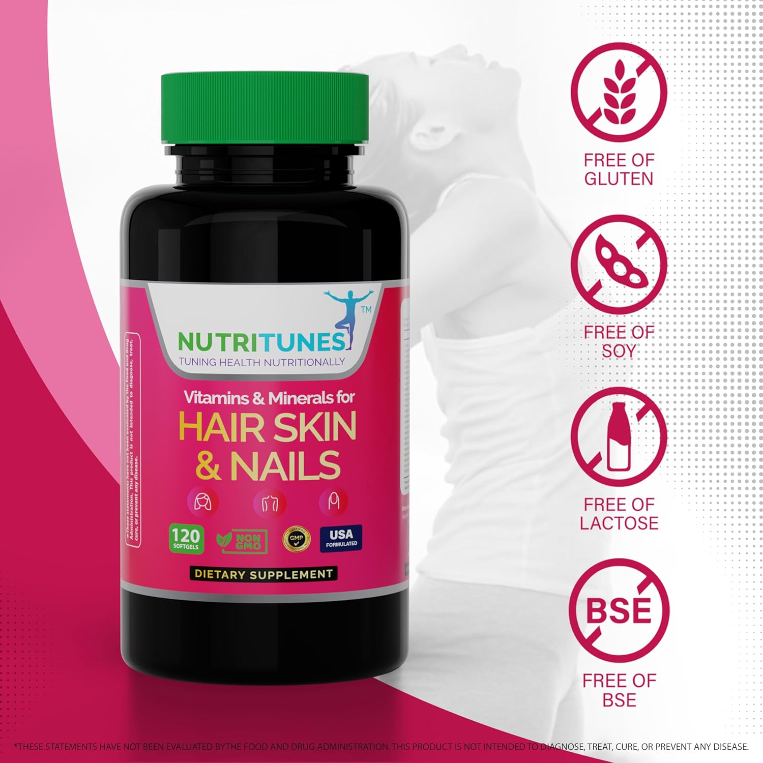Nutritunes Hair, Skin, & Nails Multivitamins with Biotin, Folate, Vitamin C, D3, E B-6 & B-12 - Supports Nail, Skin, & Hair Health - Non-GMO, GMP-Certified (120 Softgel Capsules)