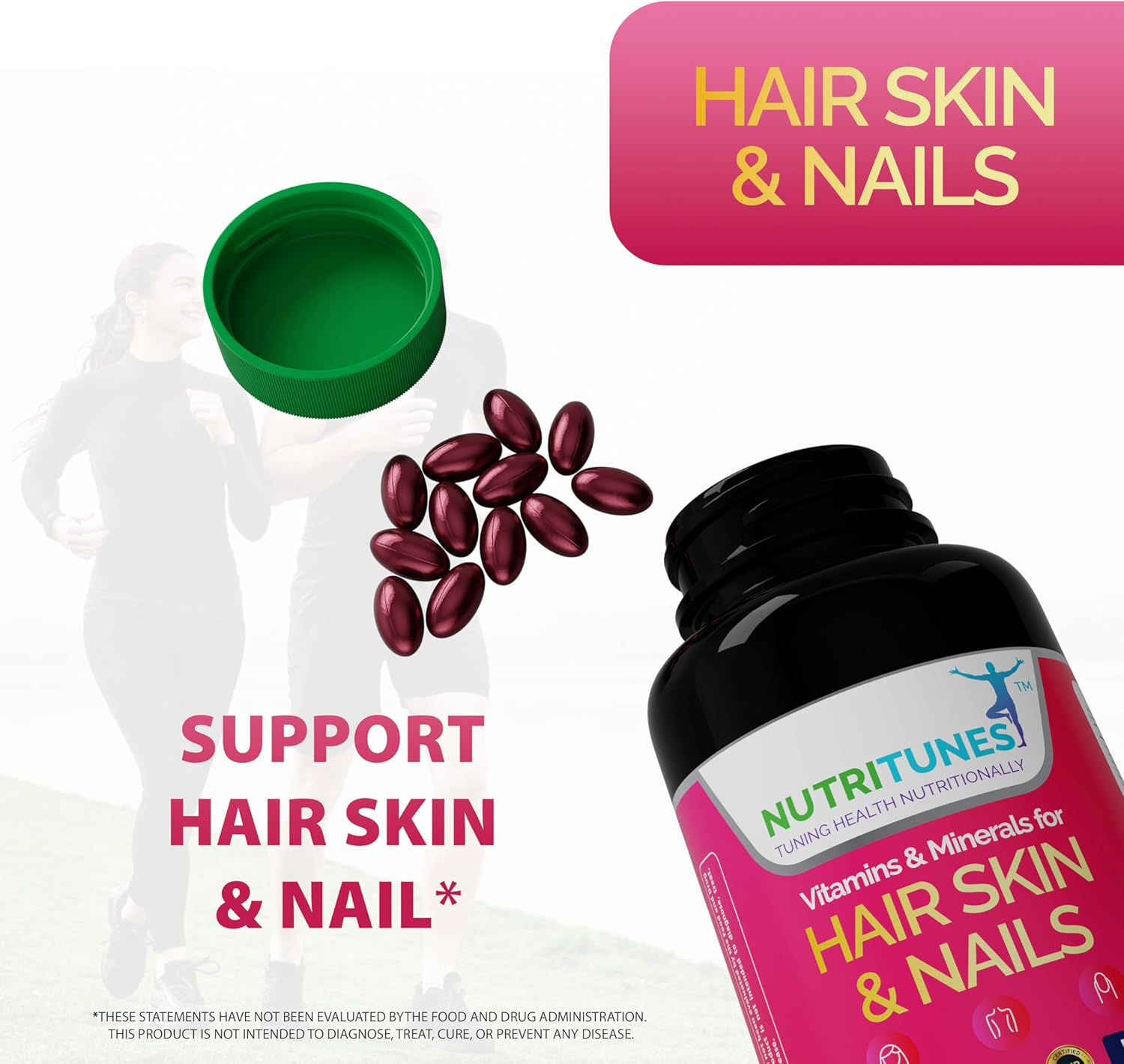 Nutritunes Hair, Skin, & Nails Multivitamins with Biotin, Folate, Vitamin C, D3, E B-6 & B-12 - Supports Nail, Skin, & Hair Health - Non-GMO, GMP-Certified (120 Softgel Capsules)
