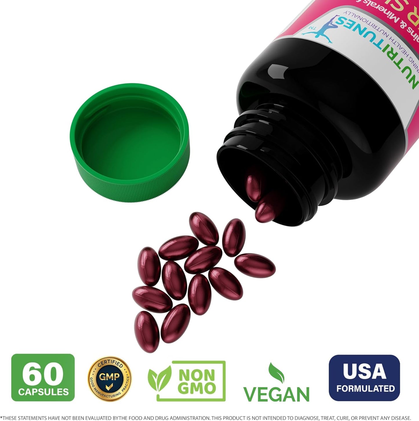 Nutritunes Hair, Skin, & Nails Multivitamins with Biotin, Folate, Vitamin C, D3, E B-6 & B-12 - Supports Nail, Skin, & Hair Health - Non-GMO, GMP-Certified (120 Softgel Capsules)